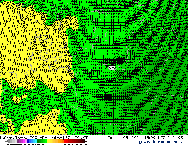 Hoogte/Temp. 700 hPa ECMWF di 14.05.2024 18 UTC