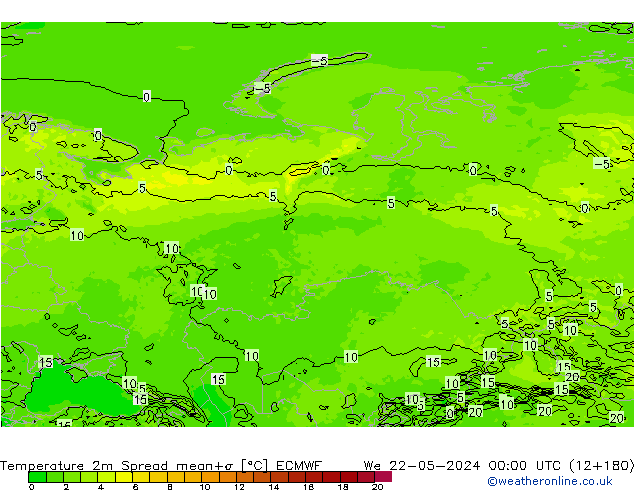 Temperatuurkaart Spread ECMWF wo 22.05.2024 00 UTC