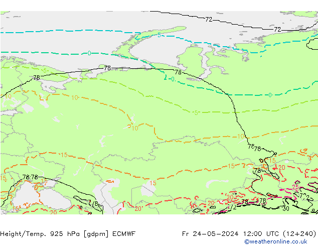 Height/Temp. 925 hPa ECMWF Fr 24.05.2024 12 UTC