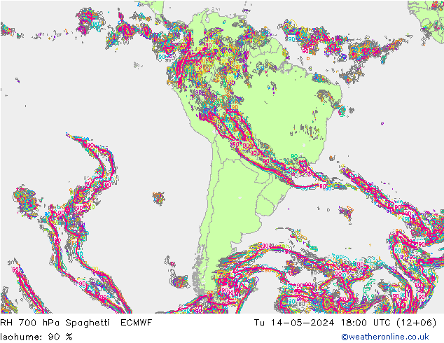 RH 700 hPa Spaghetti ECMWF Tu 14.05.2024 18 UTC