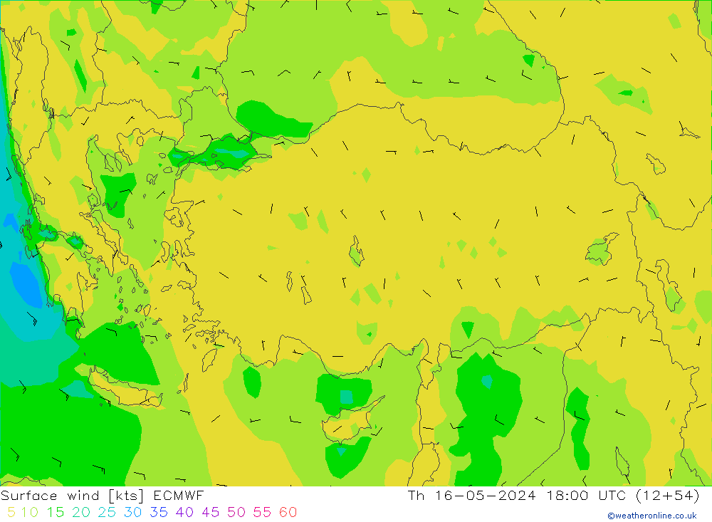 Surface wind ECMWF Čt 16.05.2024 18 UTC