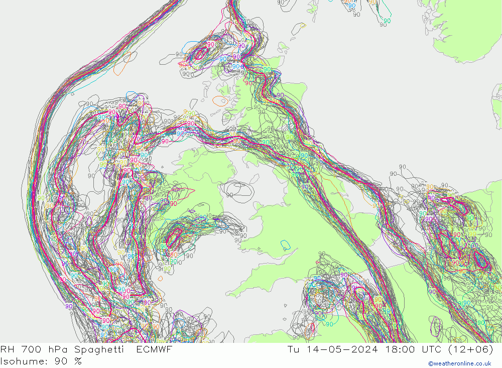 RH 700 hPa Spaghetti ECMWF mar 14.05.2024 18 UTC
