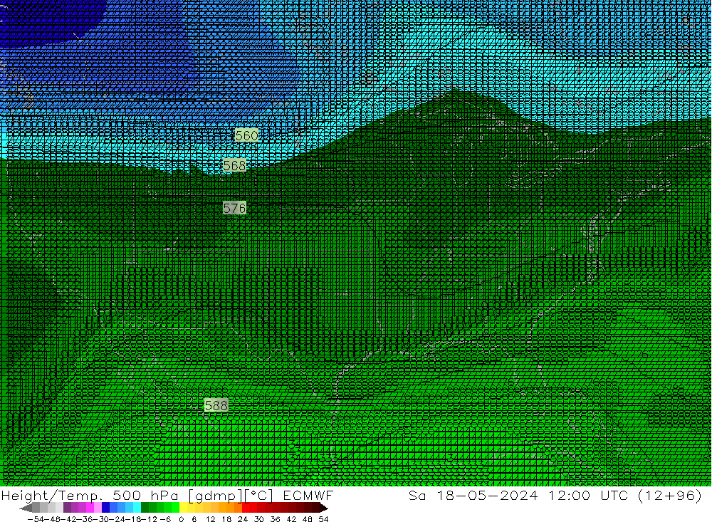 Hoogte/Temp. 500 hPa ECMWF za 18.05.2024 12 UTC