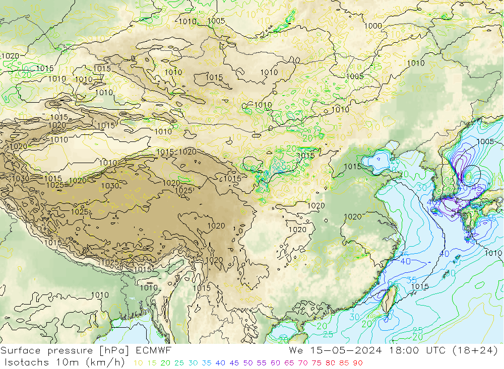 10米等风速线 (kph) ECMWF 星期三 15.05.2024 18 UTC