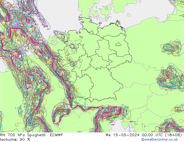 Humedad rel. 700hPa Spaghetti ECMWF mié 15.05.2024 00 UTC