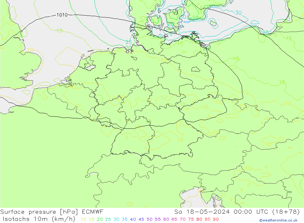 Isotachs (kph) ECMWF Sa 18.05.2024 00 UTC