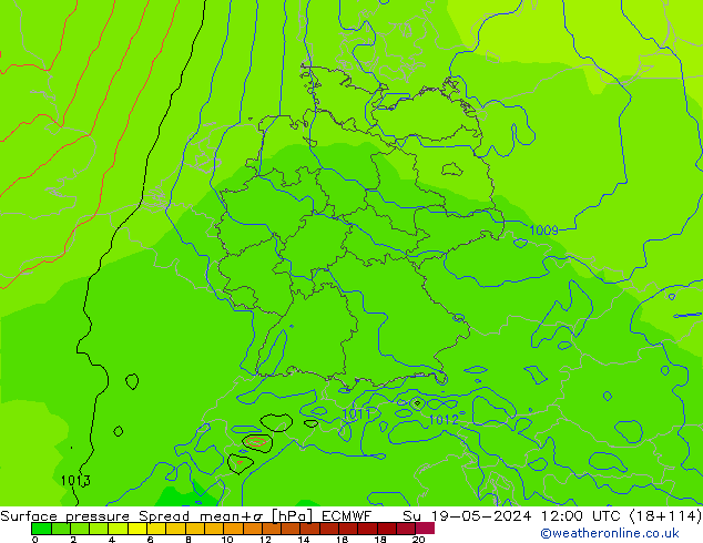 Atmosférický tlak Spread ECMWF Ne 19.05.2024 12 UTC