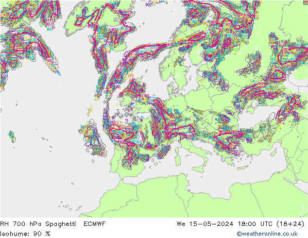 RH 700 hPa Spaghetti ECMWF Mi 15.05.2024 18 UTC