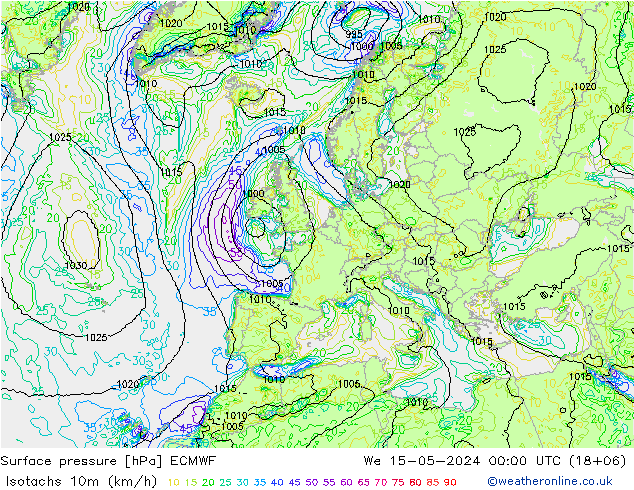 Isotachen (km/h) ECMWF Mi 15.05.2024 00 UTC