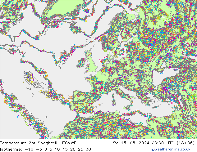 Temperatura 2m Spaghetti ECMWF mer 15.05.2024 00 UTC