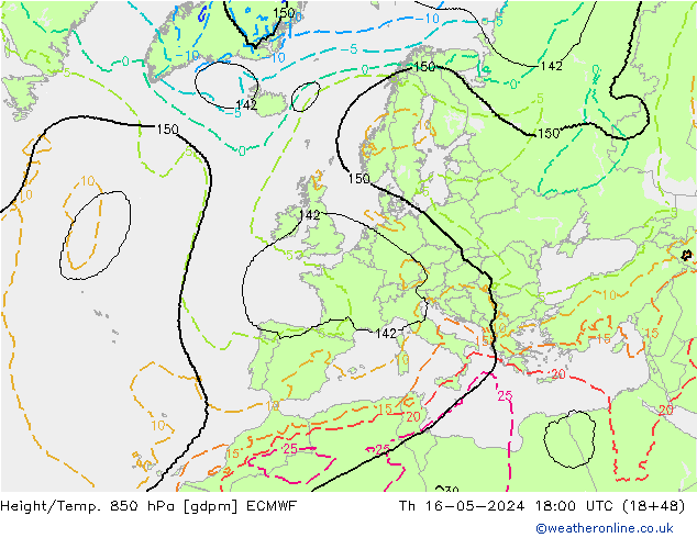 Height/Temp. 850 hPa ECMWF Th 16.05.2024 18 UTC