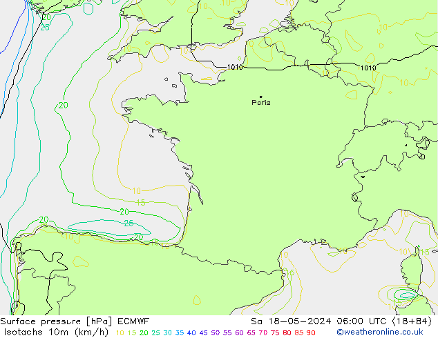 Isotachs (kph) ECMWF Sáb 18.05.2024 06 UTC