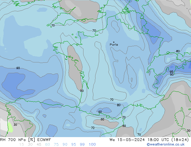 Humidité rel. 700 hPa ECMWF mer 15.05.2024 18 UTC