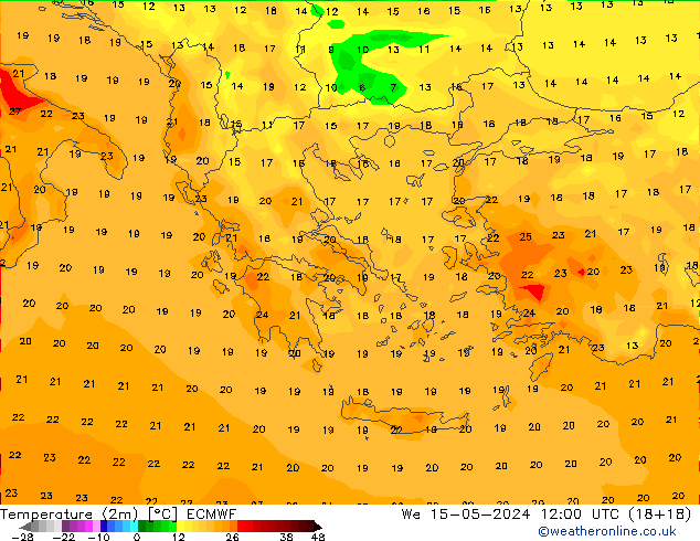 Temperatuurkaart (2m) ECMWF wo 15.05.2024 12 UTC