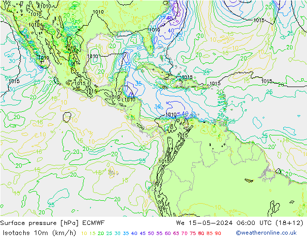 Isotachs (kph) ECMWF mer 15.05.2024 06 UTC