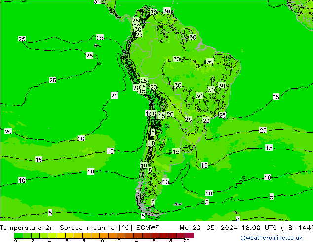 Temperature 2m Spread ECMWF Mo 20.05.2024 18 UTC