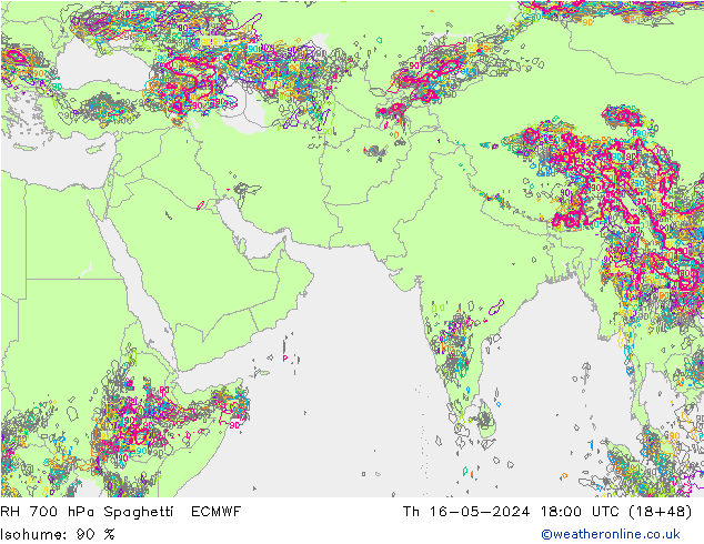 RH 700 гПа Spaghetti ECMWF чт 16.05.2024 18 UTC