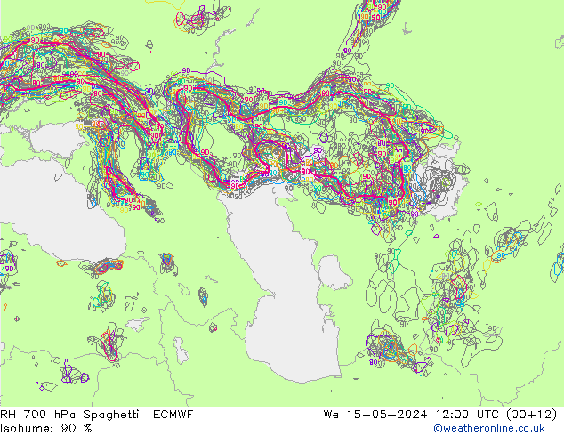 RH 700 гПа Spaghetti ECMWF ср 15.05.2024 12 UTC