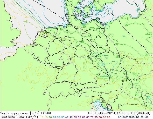 Isotachen (km/h) ECMWF do 16.05.2024 06 UTC