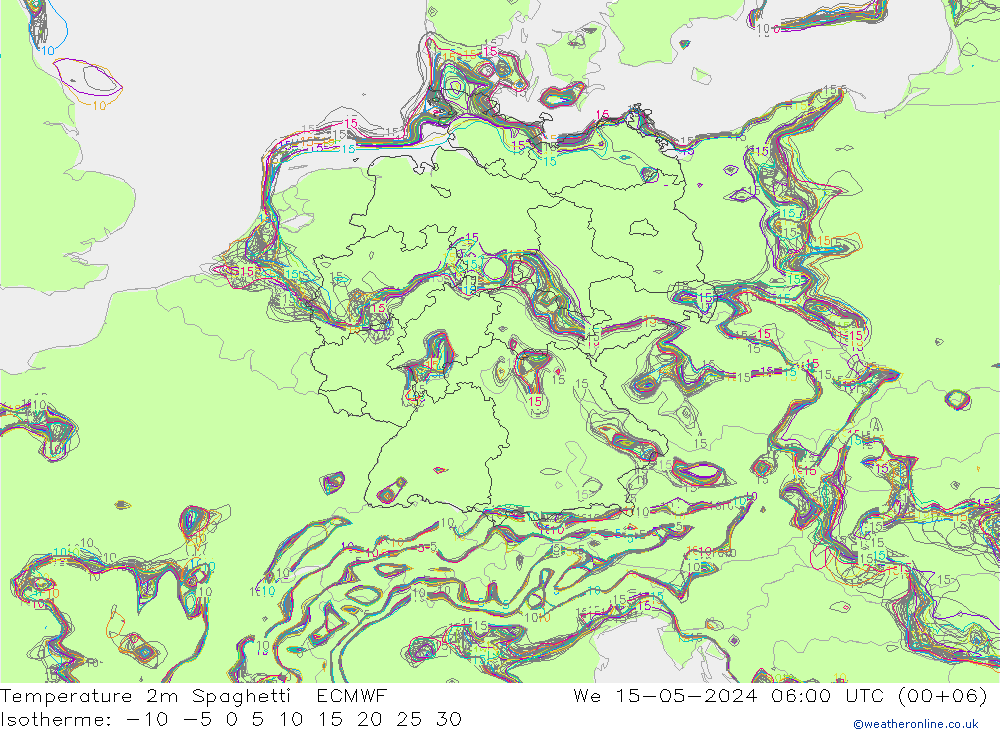 Temperatura 2m Spaghetti ECMWF mié 15.05.2024 06 UTC
