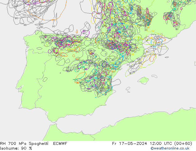 RH 700 hPa Spaghetti ECMWF Pá 17.05.2024 12 UTC