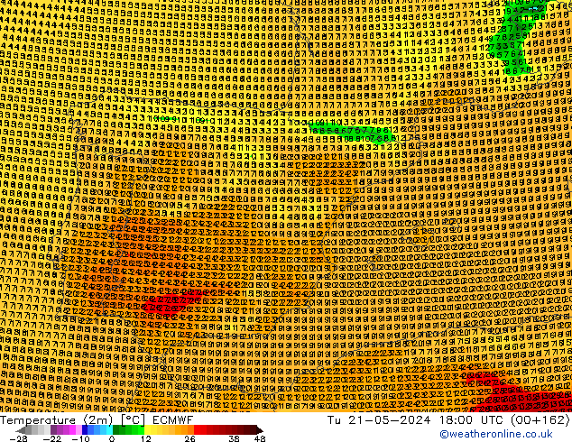 Temperatuurkaart (2m) ECMWF di 21.05.2024 18 UTC