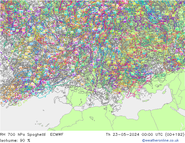 RH 700 hPa Spaghetti ECMWF Th 23.05.2024 00 UTC