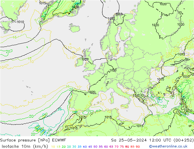 Isotachs (kph) ECMWF Sa 25.05.2024 12 UTC