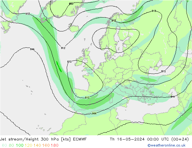 Jet stream/Height 300 hPa ECMWF Th 16.05.2024 00 UTC