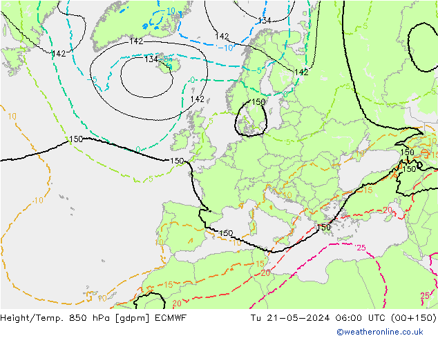 Height/Temp. 850 hPa ECMWF Út 21.05.2024 06 UTC