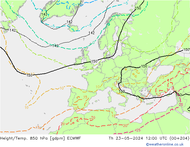 Yükseklik/Sıc. 850 hPa ECMWF Per 23.05.2024 12 UTC
