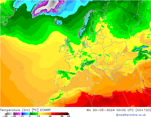 Temperature (2m) ECMWF Mo 20.05.2024 00 UTC