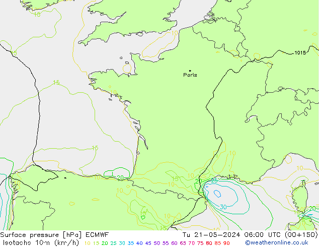 Isotachs (kph) ECMWF  21.05.2024 06 UTC