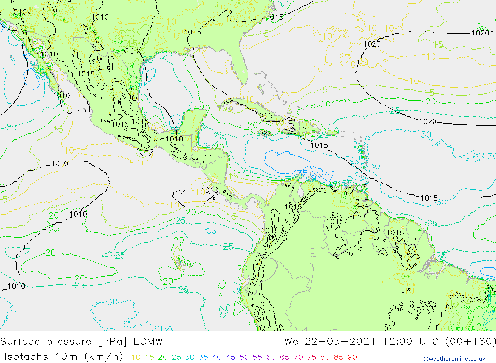 Isotachs (kph) ECMWF ср 22.05.2024 12 UTC