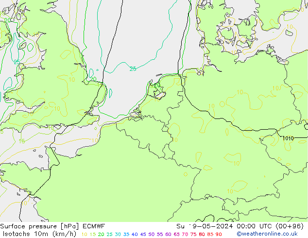 Isotachen (km/h) ECMWF So 19.05.2024 00 UTC
