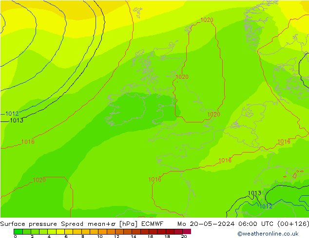 Presión superficial Spread ECMWF lun 20.05.2024 06 UTC