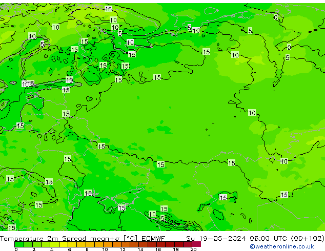 Temperatuurkaart Spread ECMWF zo 19.05.2024 06 UTC