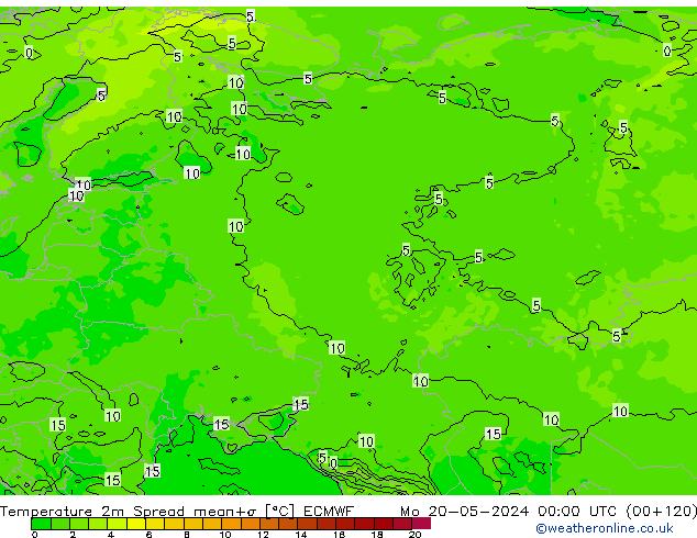 Temperatura 2m Spread ECMWF Seg 20.05.2024 00 UTC