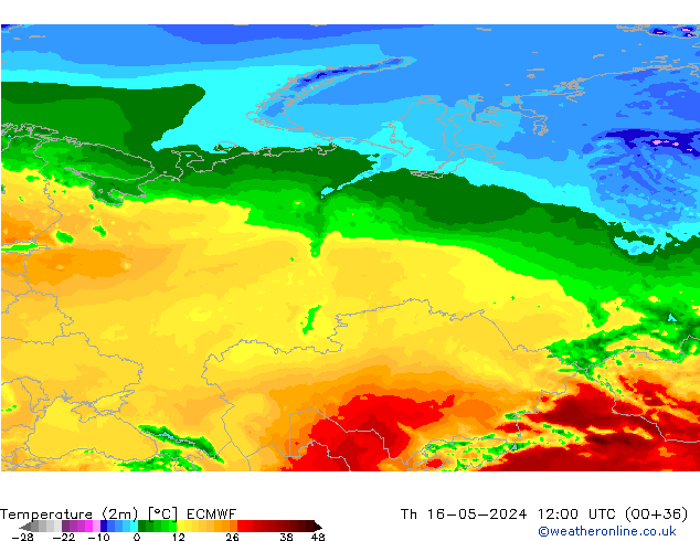 Temperatuurkaart (2m) ECMWF do 16.05.2024 12 UTC