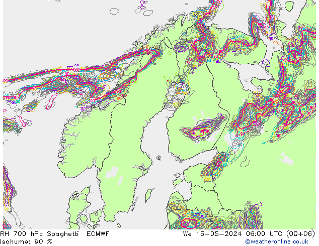 RH 700 hPa Spaghetti ECMWF 星期三 15.05.2024 06 UTC