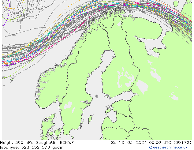 Height 500 hPa Spaghetti ECMWF sab 18.05.2024 00 UTC