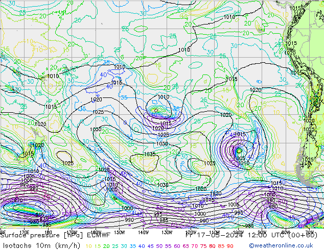 Isotachs (kph) ECMWF Fr 17.05.2024 12 UTC