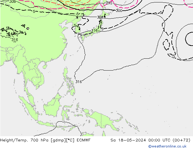 Height/Temp. 700 гПа ECMWF сб 18.05.2024 00 UTC