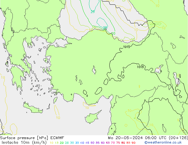 Isotachen (km/h) ECMWF Mo 20.05.2024 06 UTC