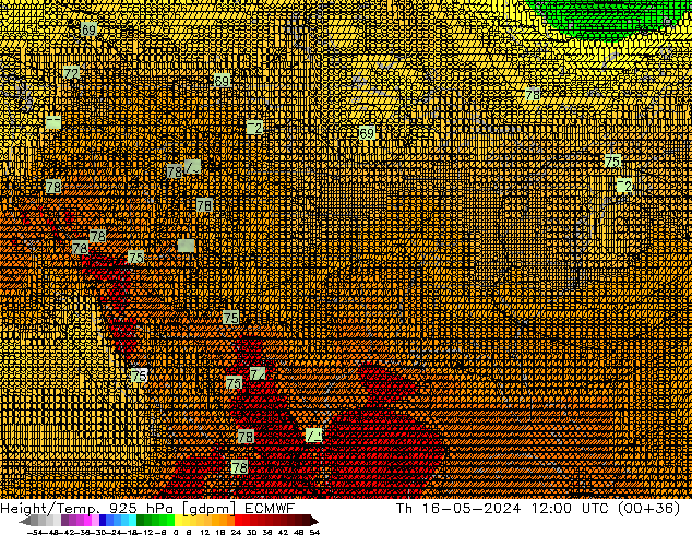 Yükseklik/Sıc. 925 hPa ECMWF Per 16.05.2024 12 UTC