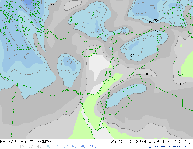 RH 700 hPa ECMWF Qua 15.05.2024 06 UTC