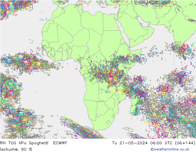 RH 700 hPa Spaghetti ECMWF  21.05.2024 06 UTC