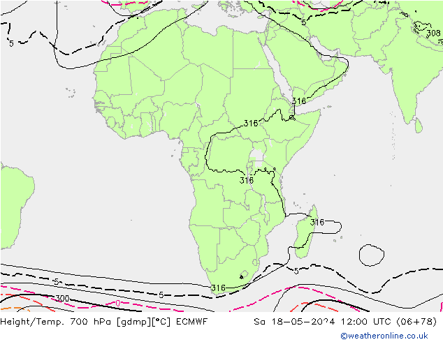 Height/Temp. 700 hPa ECMWF Sa 18.05.2024 12 UTC