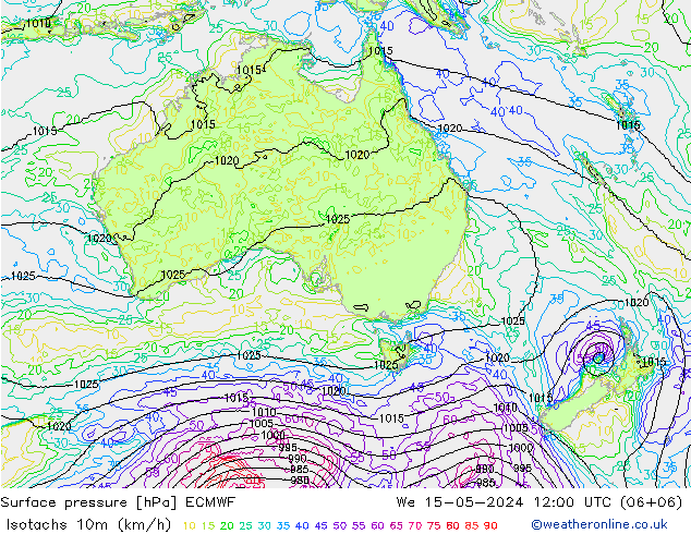 Isotachs (kph) ECMWF mer 15.05.2024 12 UTC