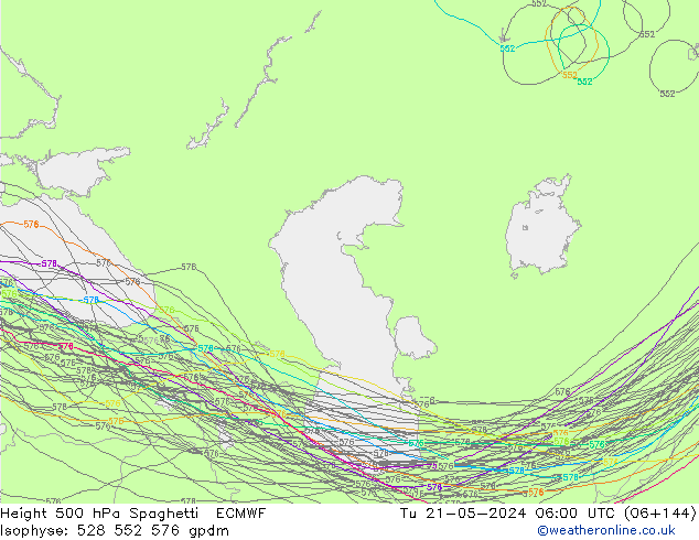 Height 500 hPa Spaghetti ECMWF Tu 21.05.2024 06 UTC